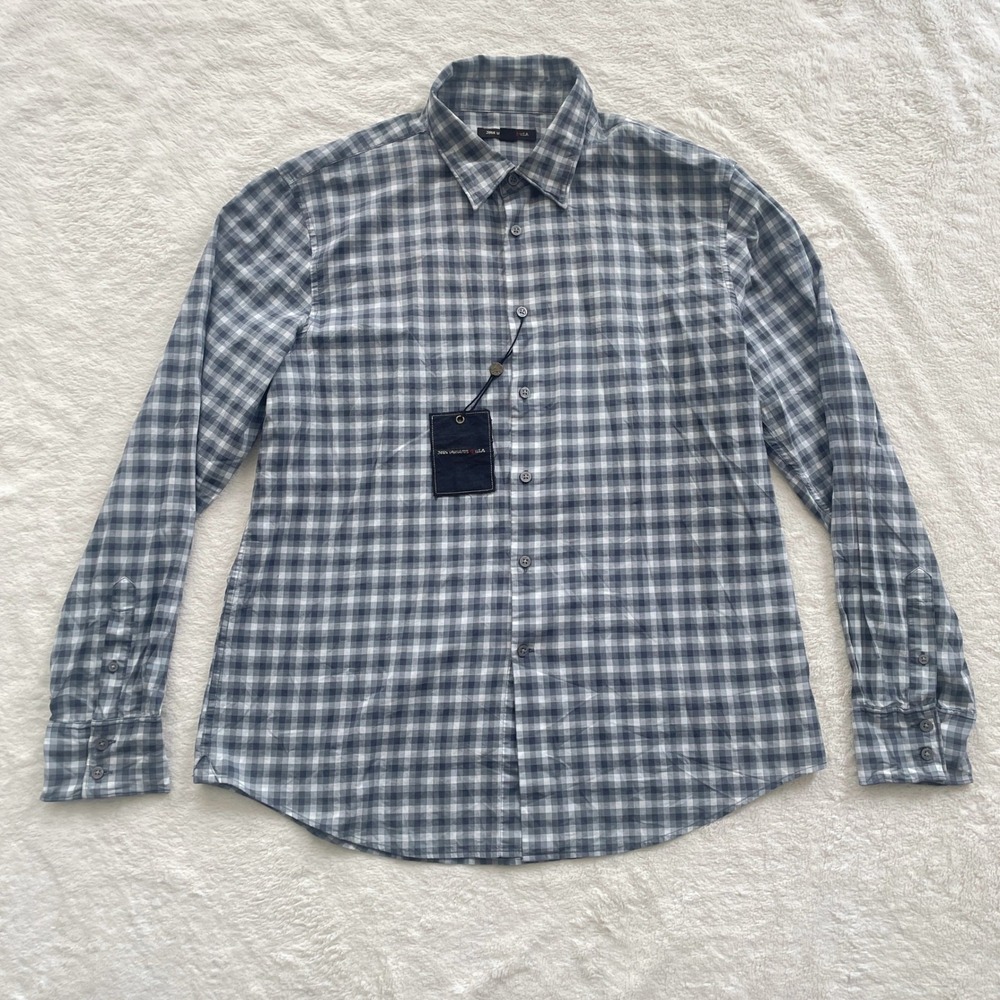 NWT John Varvatos USA Gingham Plaid Button Down Shirt Wire Inlaid Collar Blue XL